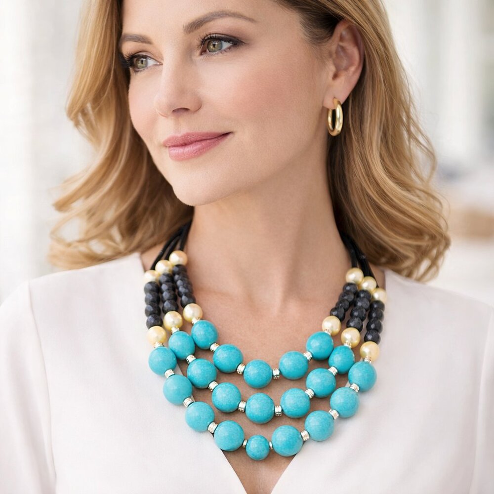 Vintage Avon Turquoise Black Pearl Silver Bead ed 10" Drop Layered Necklace - Picture 1 of 5